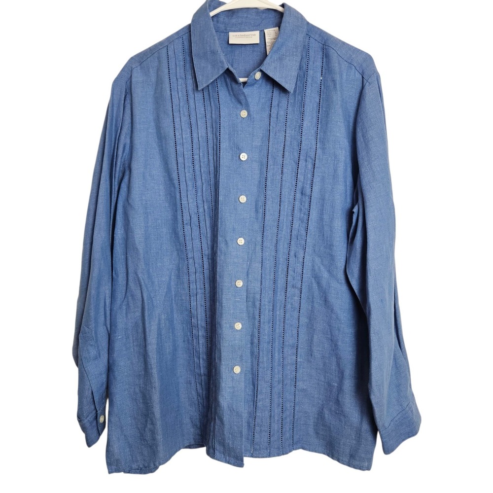 Liz Claiborne Blouse PETITE Sz L 100% Linen Longsleeve Button Up Top‎ Shirt Blue